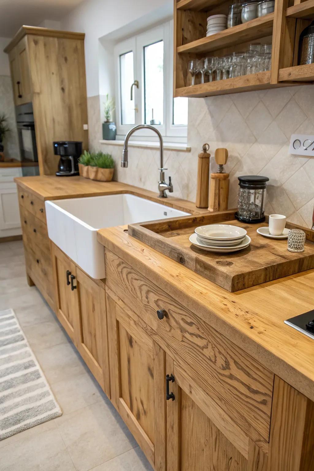 An integrated wood sink for a seamless and unique kitchen feature.