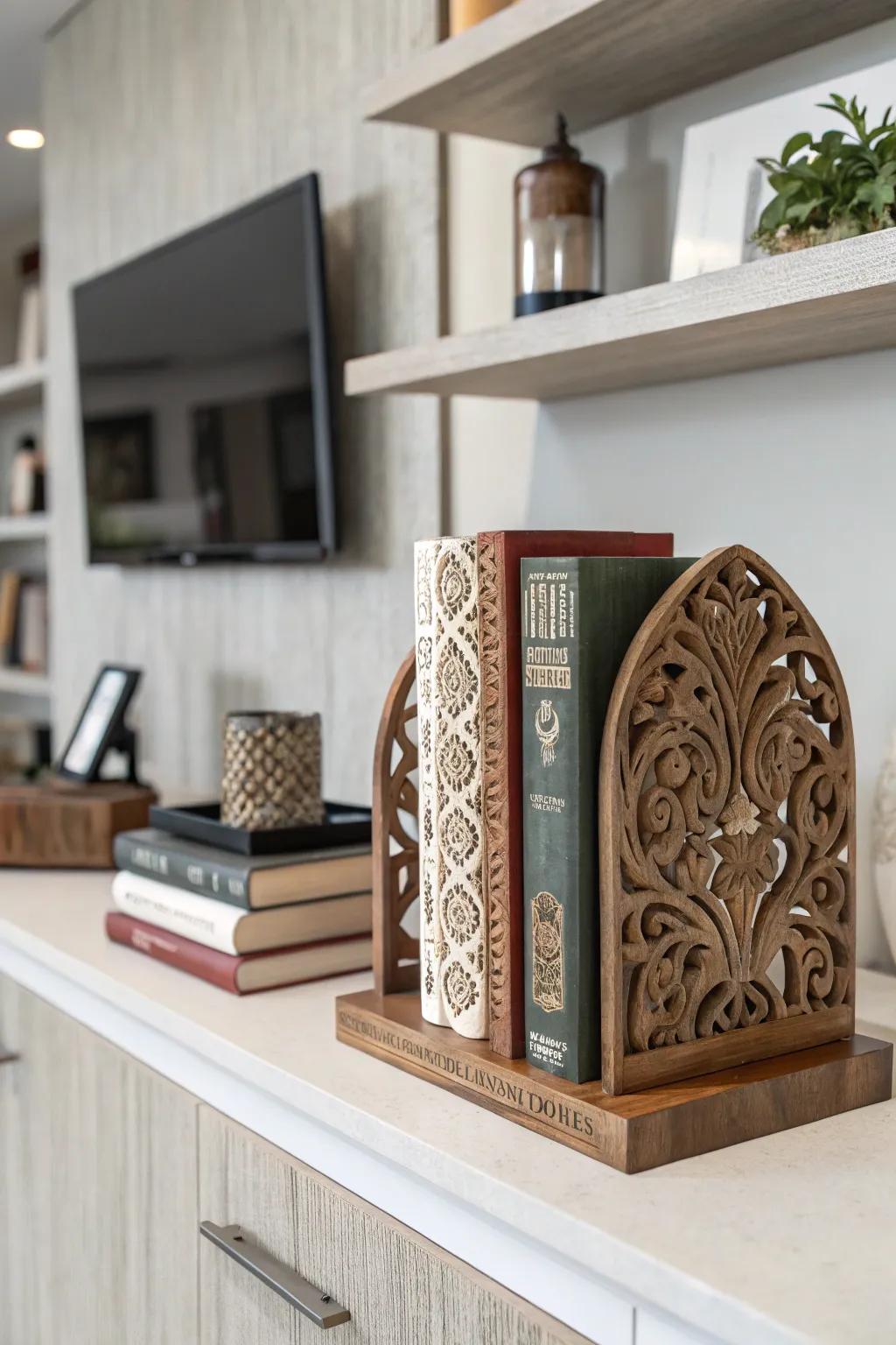 Wooden bookends add charm and organization to any library.