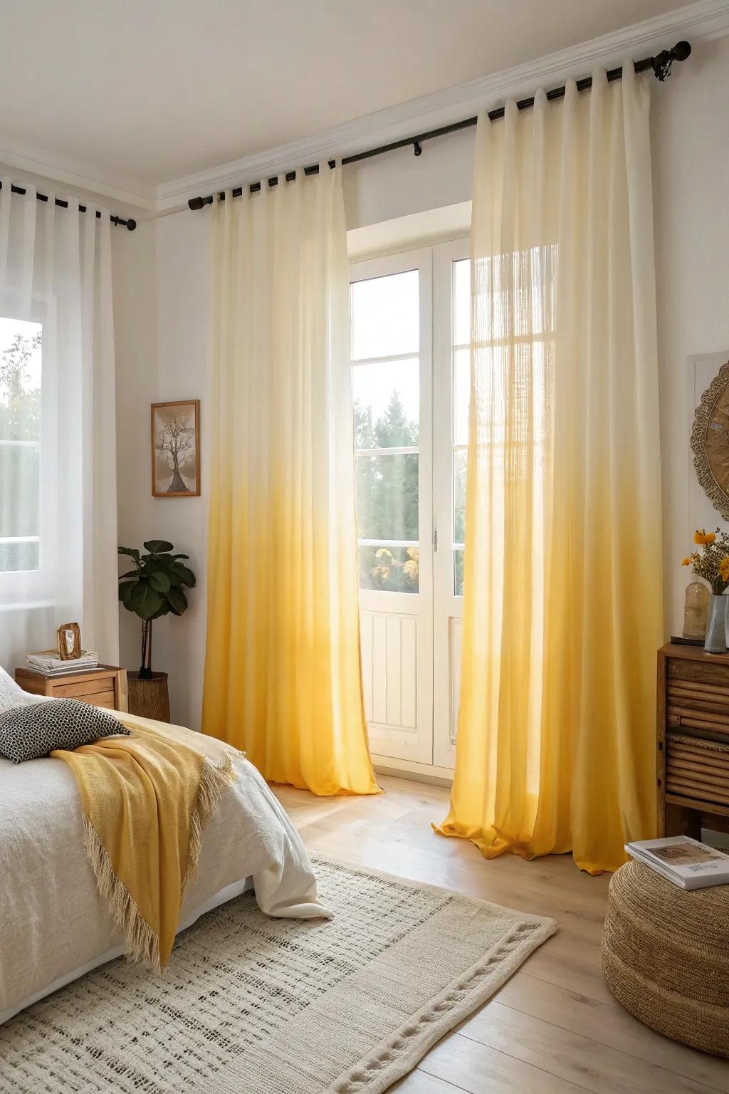 Ombre yellow curtains create a sophisticated gradient effect in the bedroom.