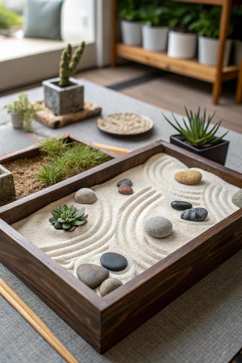 A tabletop zen garden bringing a touch of tranquility.