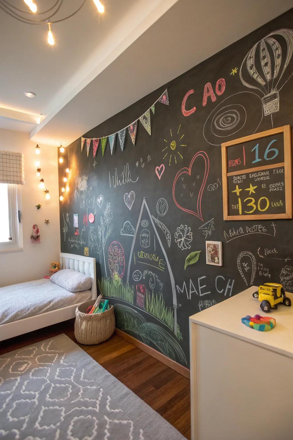 A chalkboard wall offers endless opportunities for creativity and fun.