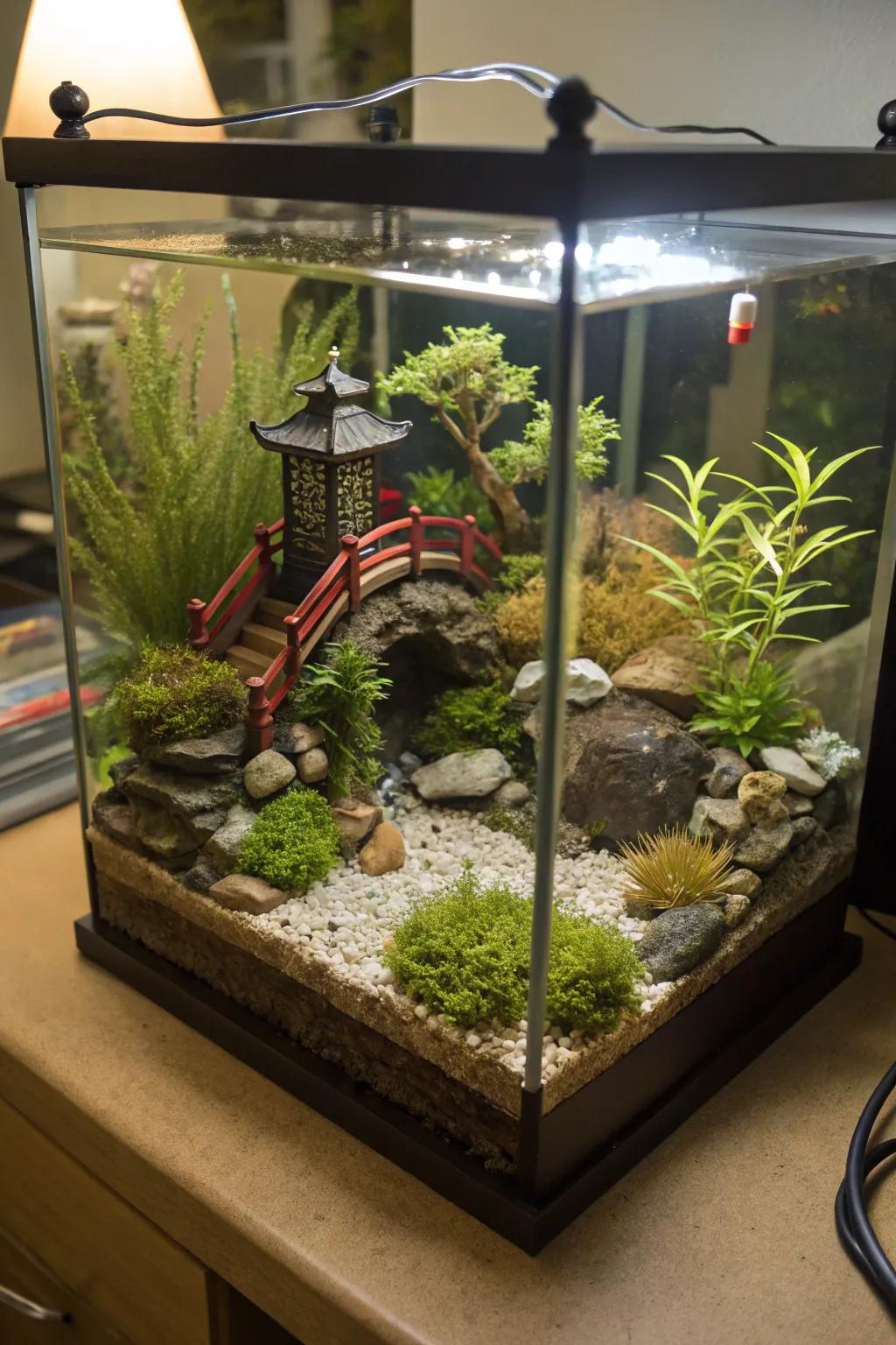 Enjoy the charm of an aquatic miniature garden.