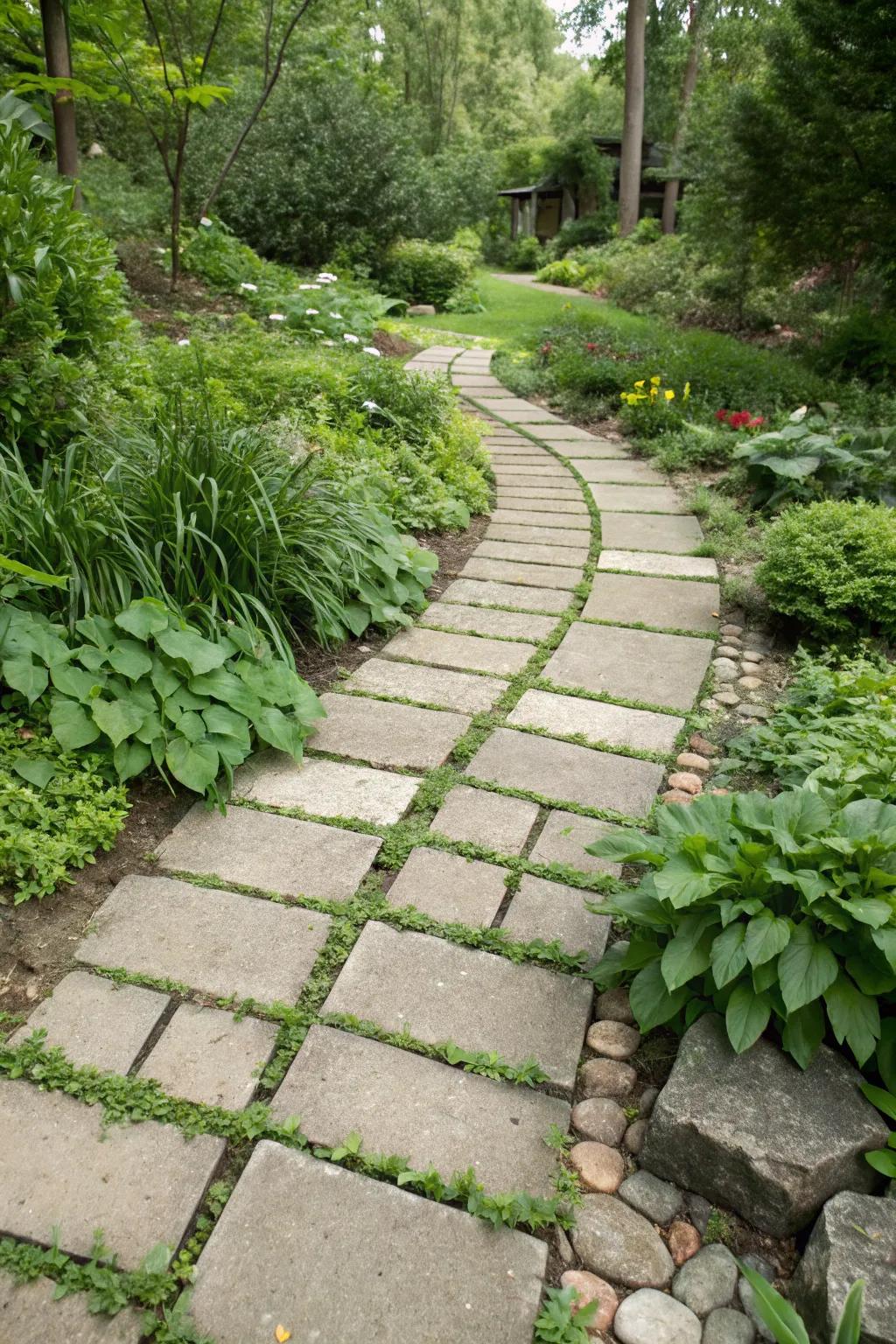 Greenery between pavers for a fresh, lively path.