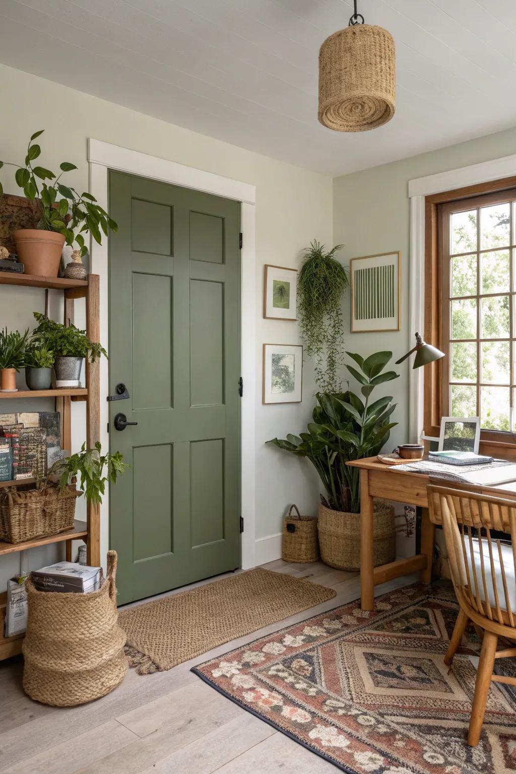 An olive green 6-panel door adds a natural touch to this home office.