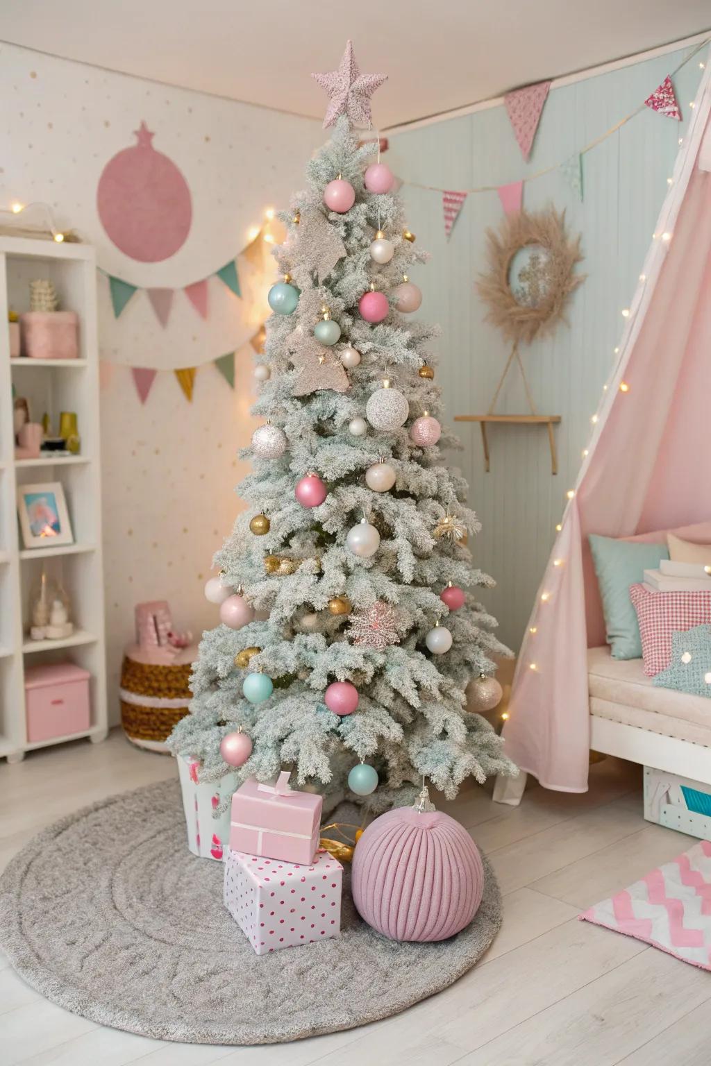 A whimsical Christmas tree adorned with soft pastel colors for a playful look.