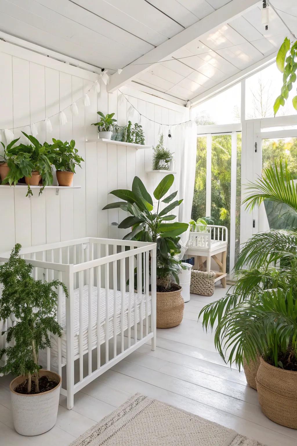 Natural elements bring life to a serene white nursery.