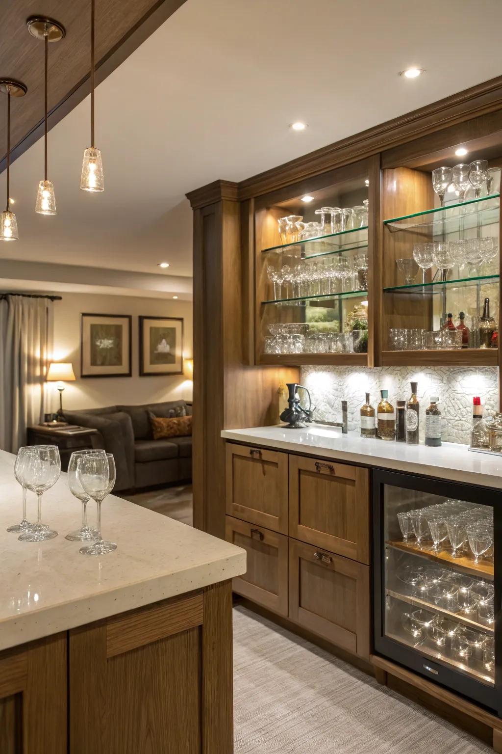 Glassware doubles as elegant decor in this stylish bar.