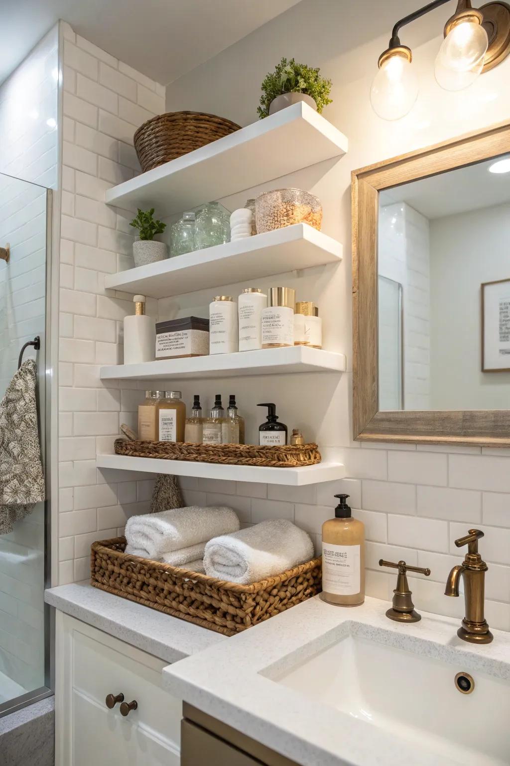 Open shelving adds practicality and style to your bathroom.