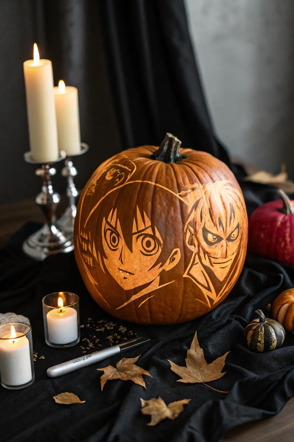 Intrigue your guests with anime creature face mask pumpkins.