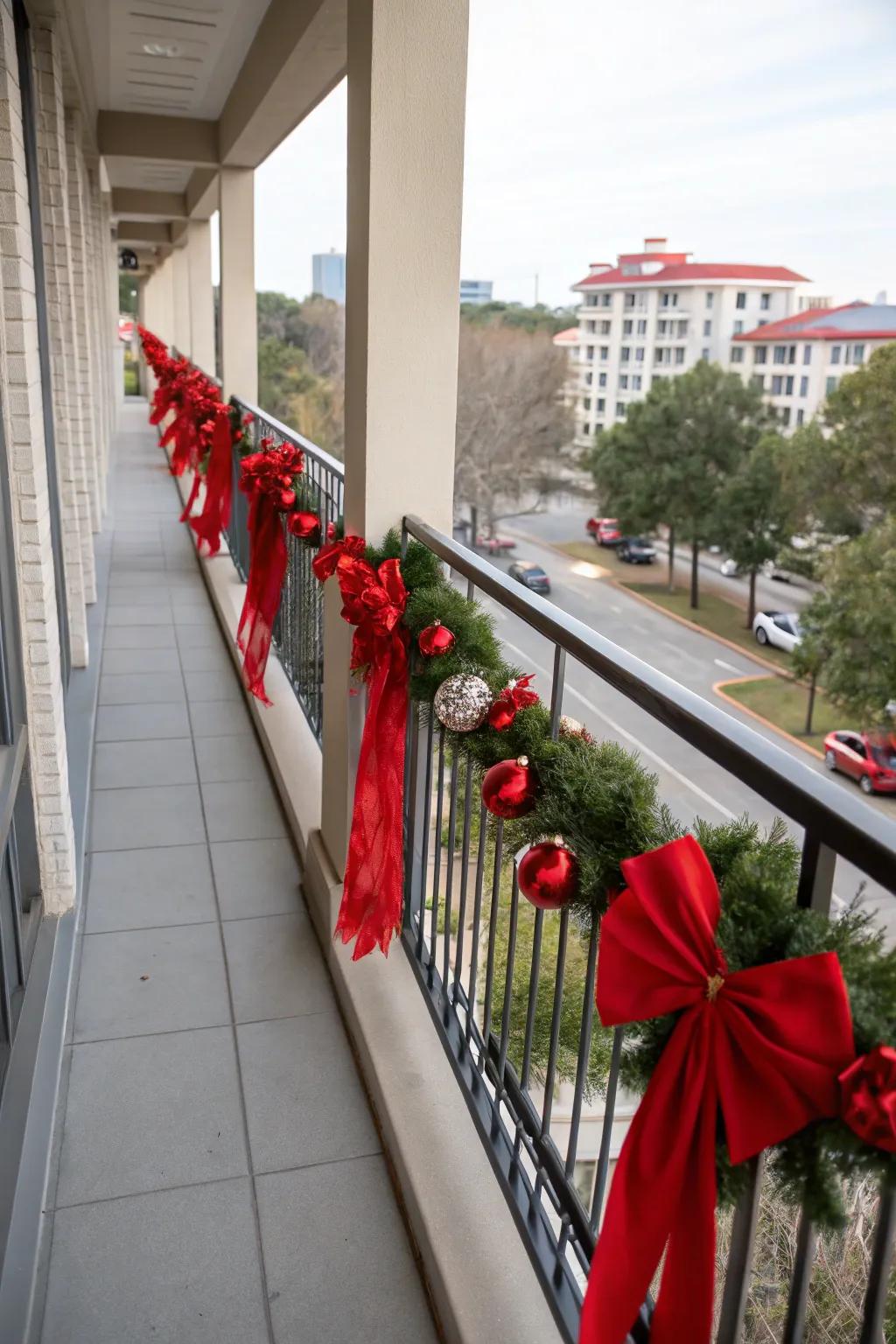 Red accents add a classic Christmas touch to this balcony.