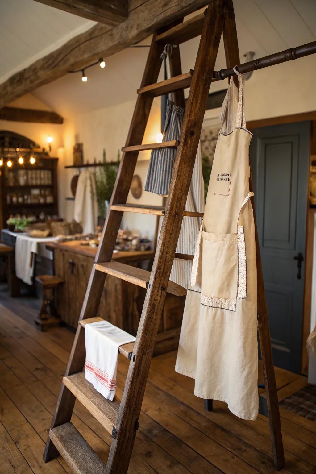 An antique ladder shelf adds rustic charm to apron displays.