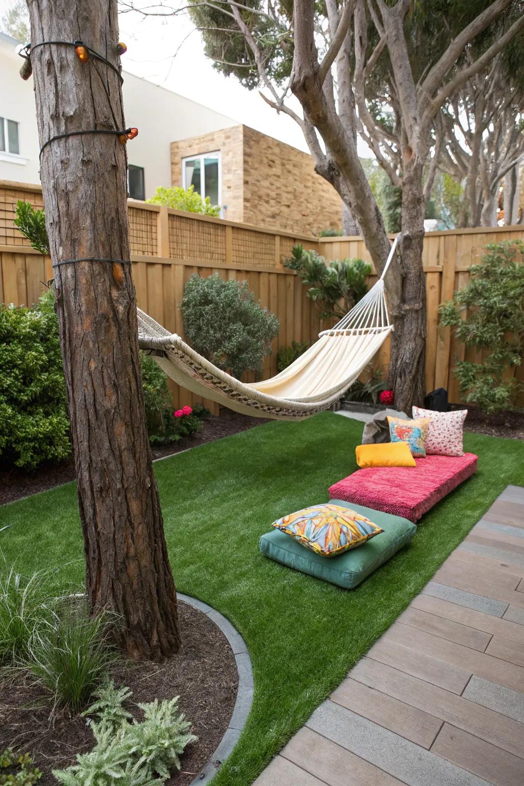 Find your personal retreat with a cozy relaxation nook on artificial grass.