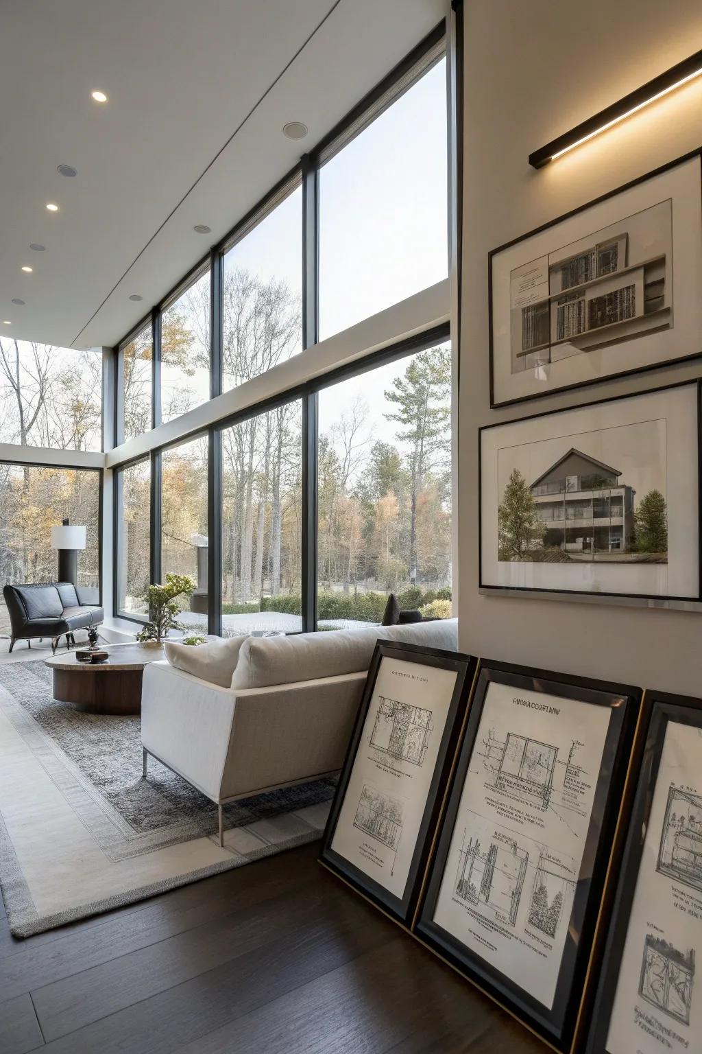 Architectural drawings add a sophisticated touch to the decor.