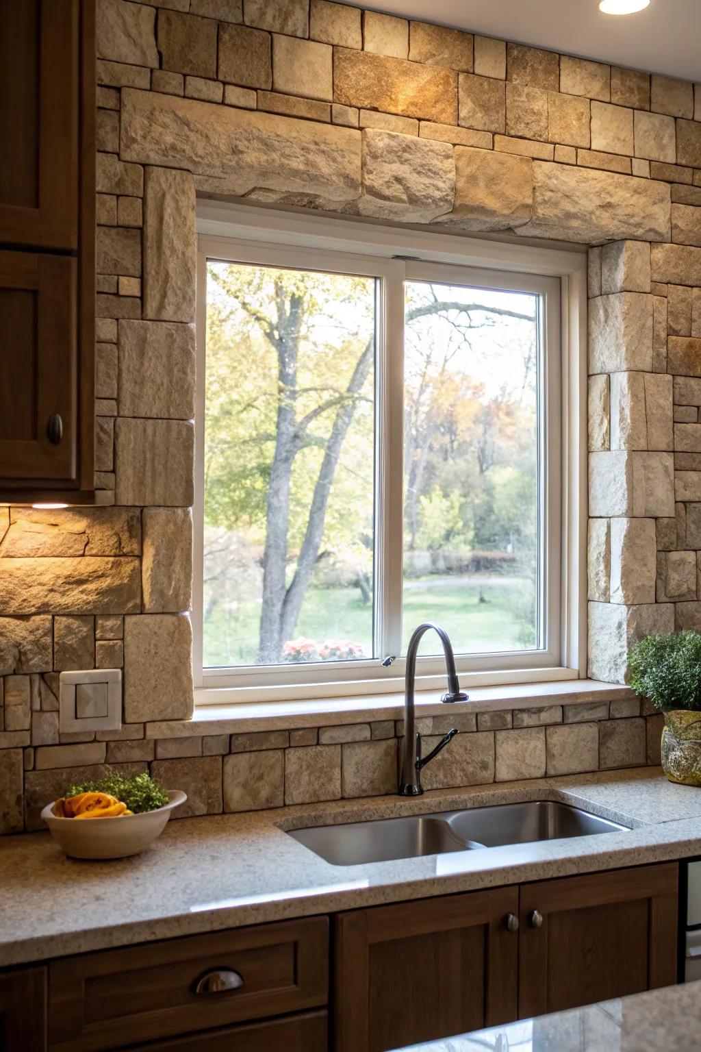 Natural stone tiles providing an organic feel around a kitchen window.