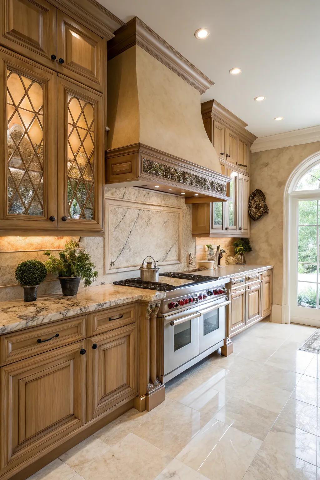 Marble tiles add a touch of elegance to maple cabinets.