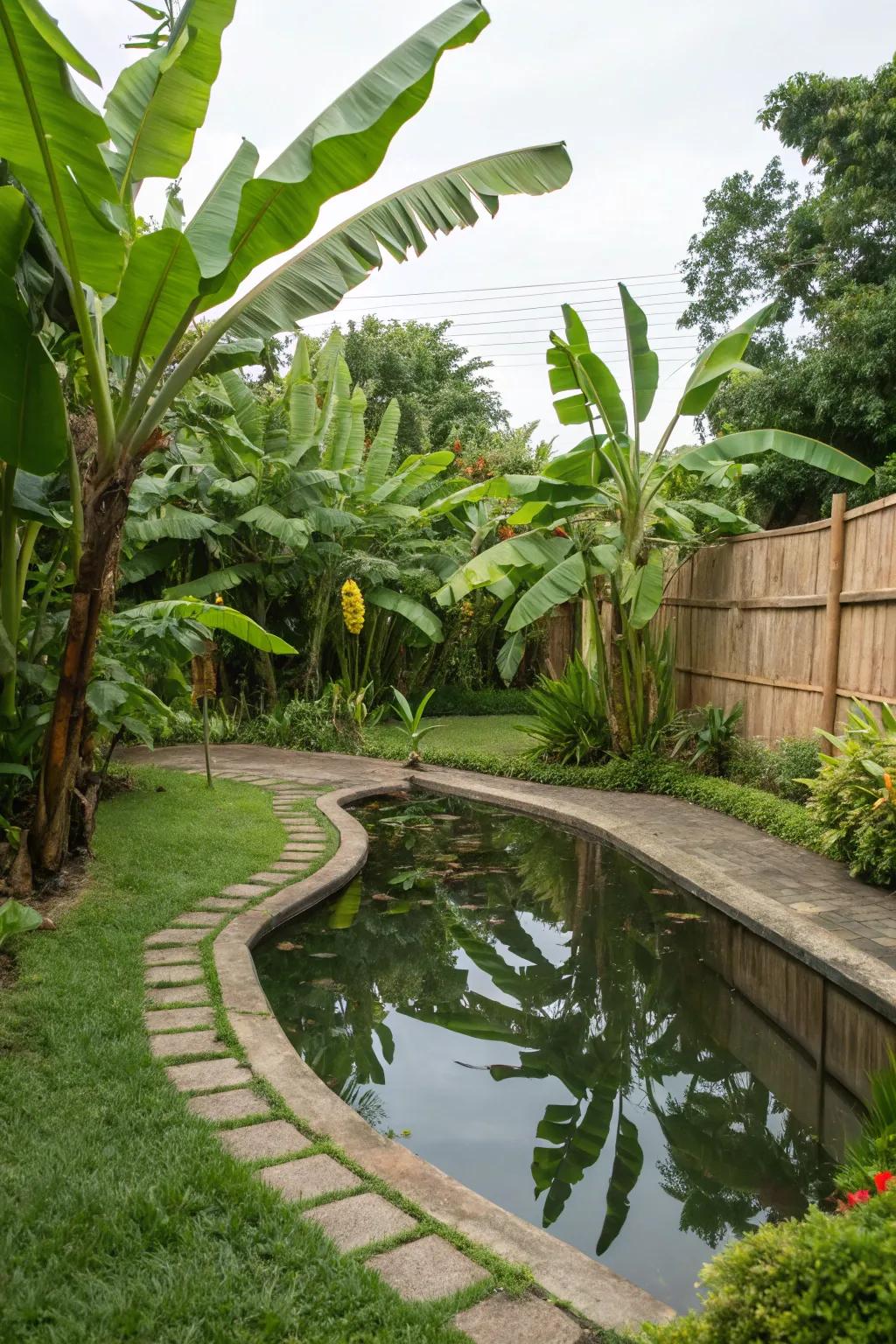 Enhance your water garden with banana trees for a lush tropical feel.