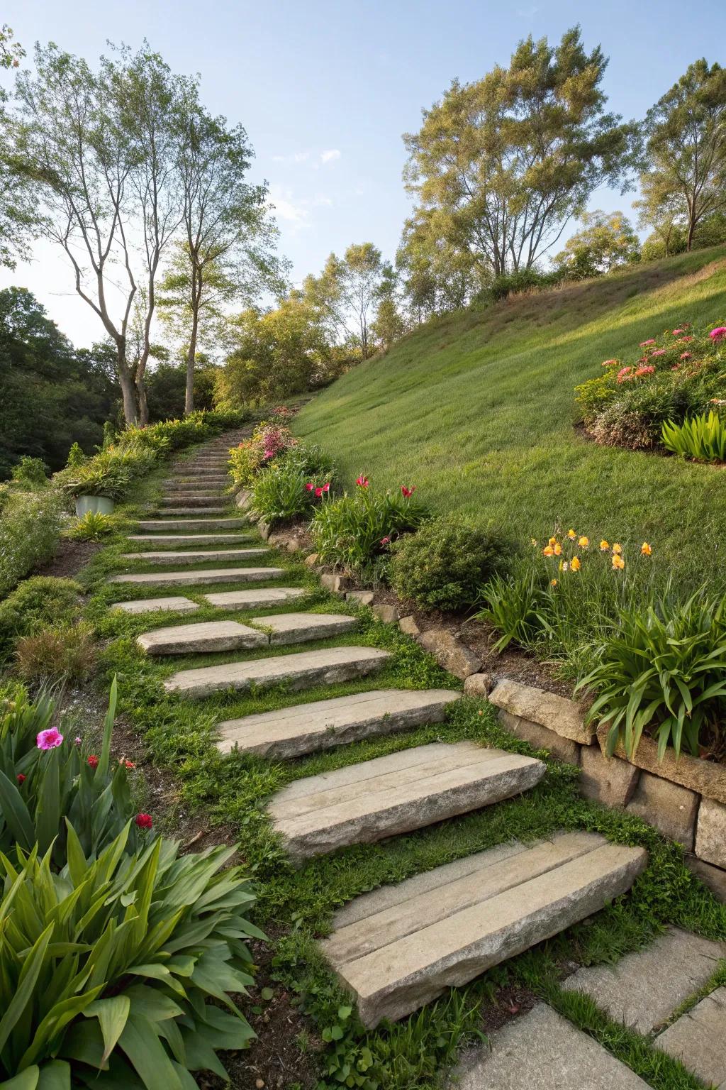 Stepping stone stairs elegantly connect different garden levels.