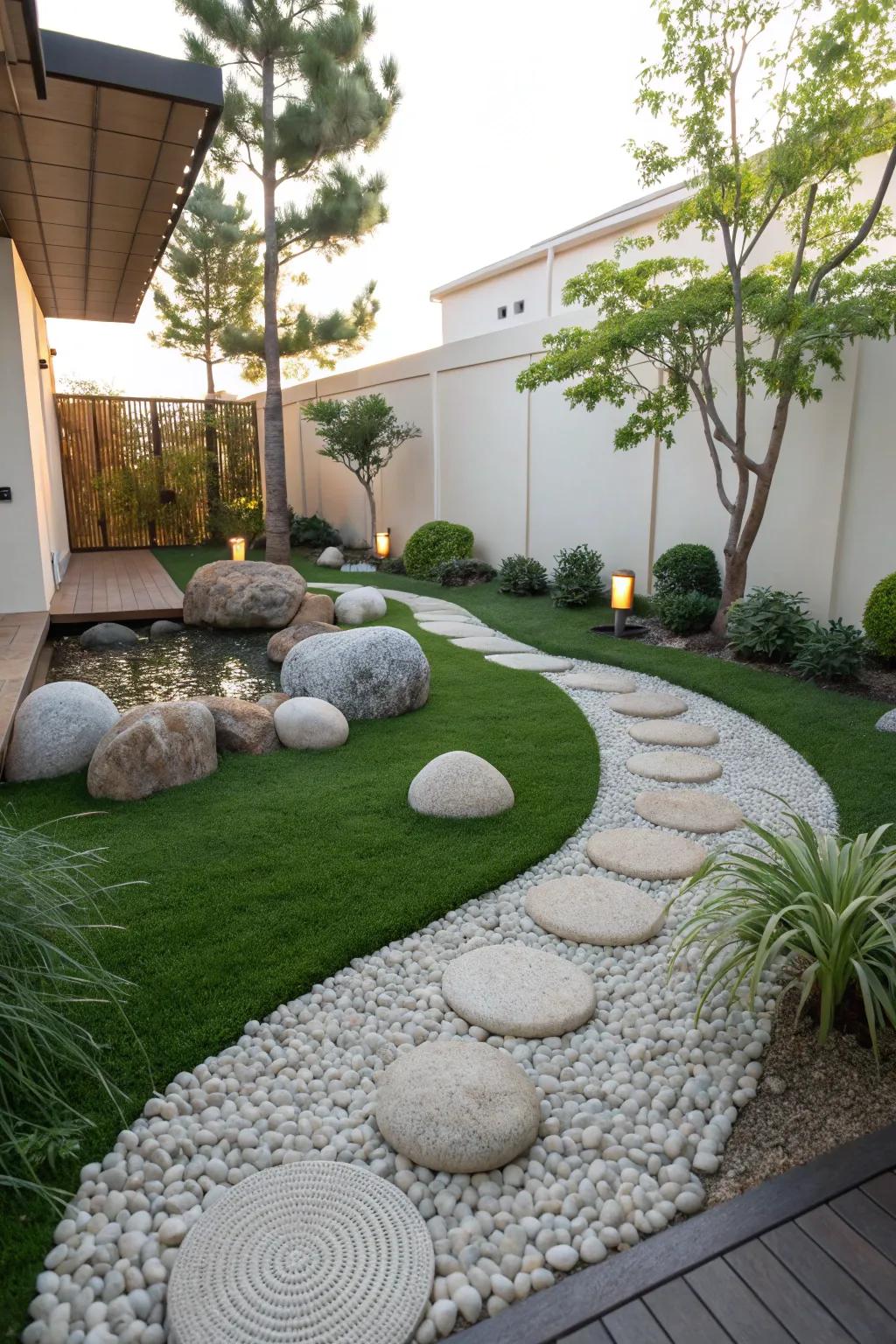 A calming Zen garden with lush turf.