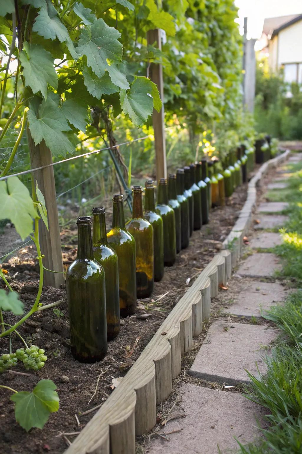 Creative wine bottle edging adds a personal touch.