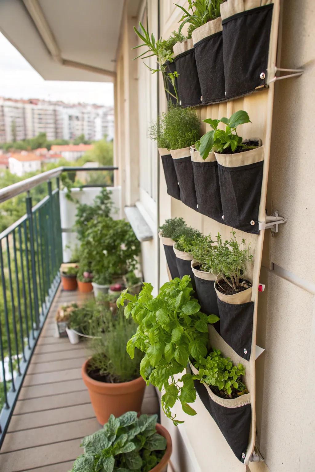 An upcycled shoe organizer is a fun and functional herb garden solution.