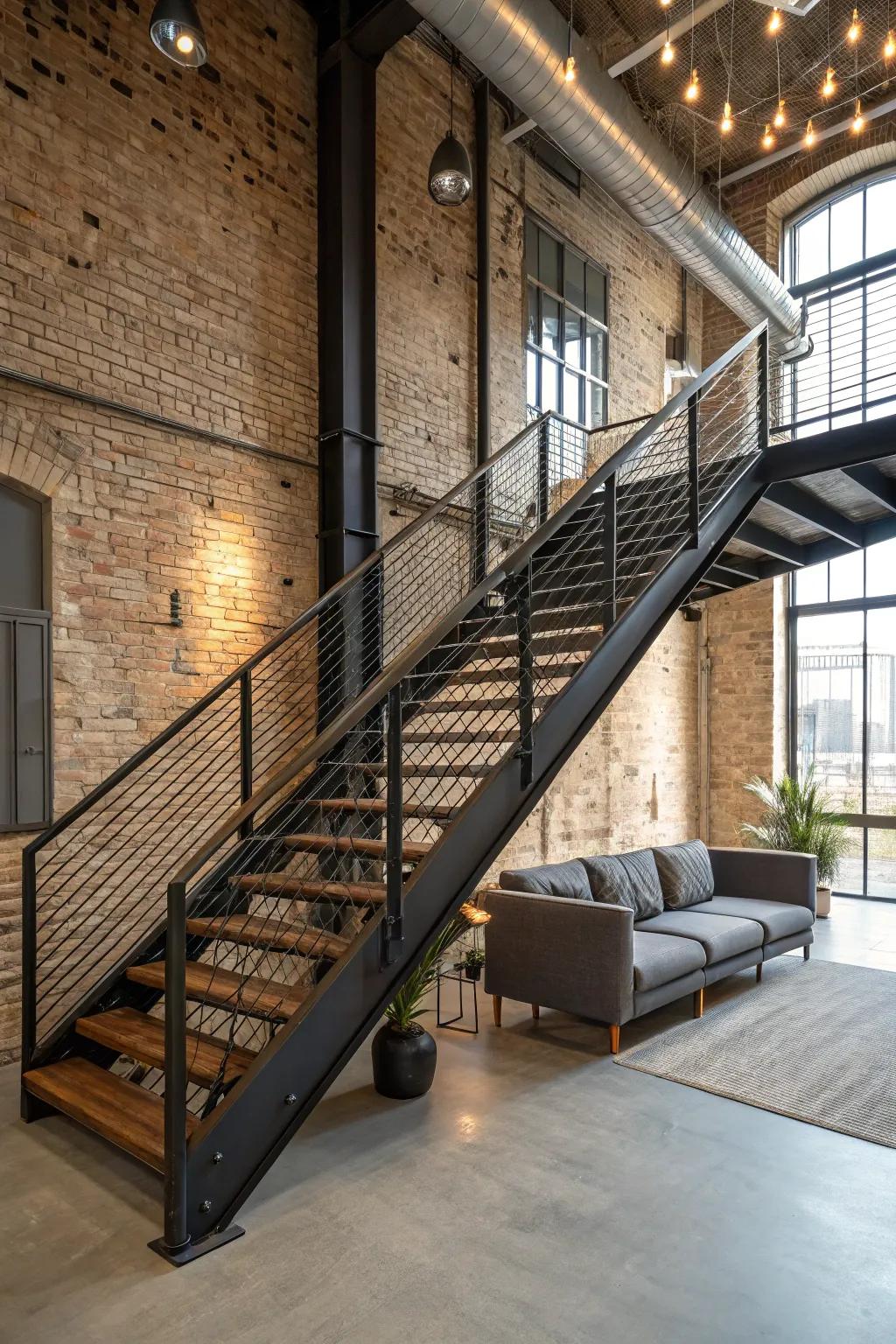 Edgy and modern with industrial steel banisters.