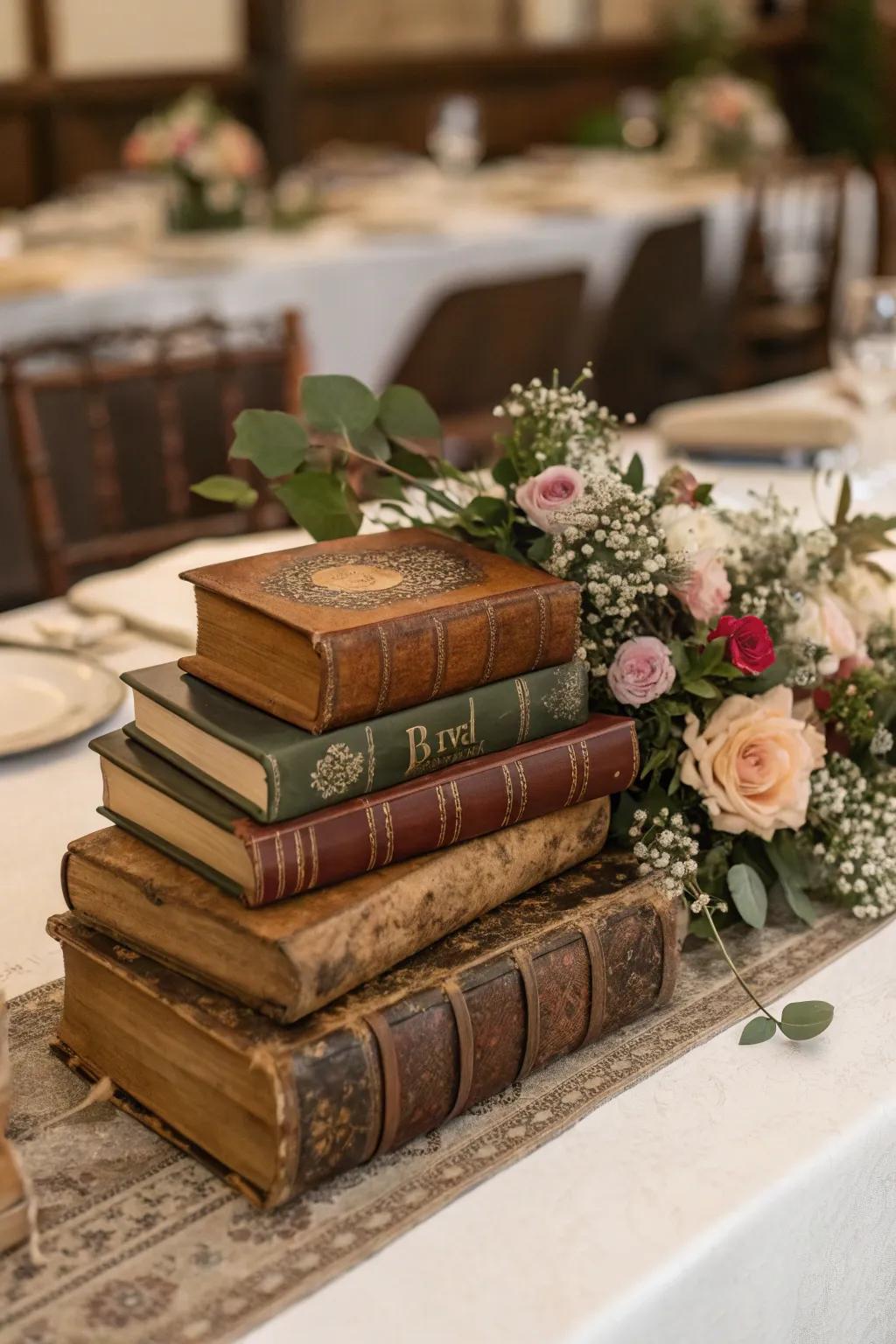 Vintage books adding character to the centerpiece.