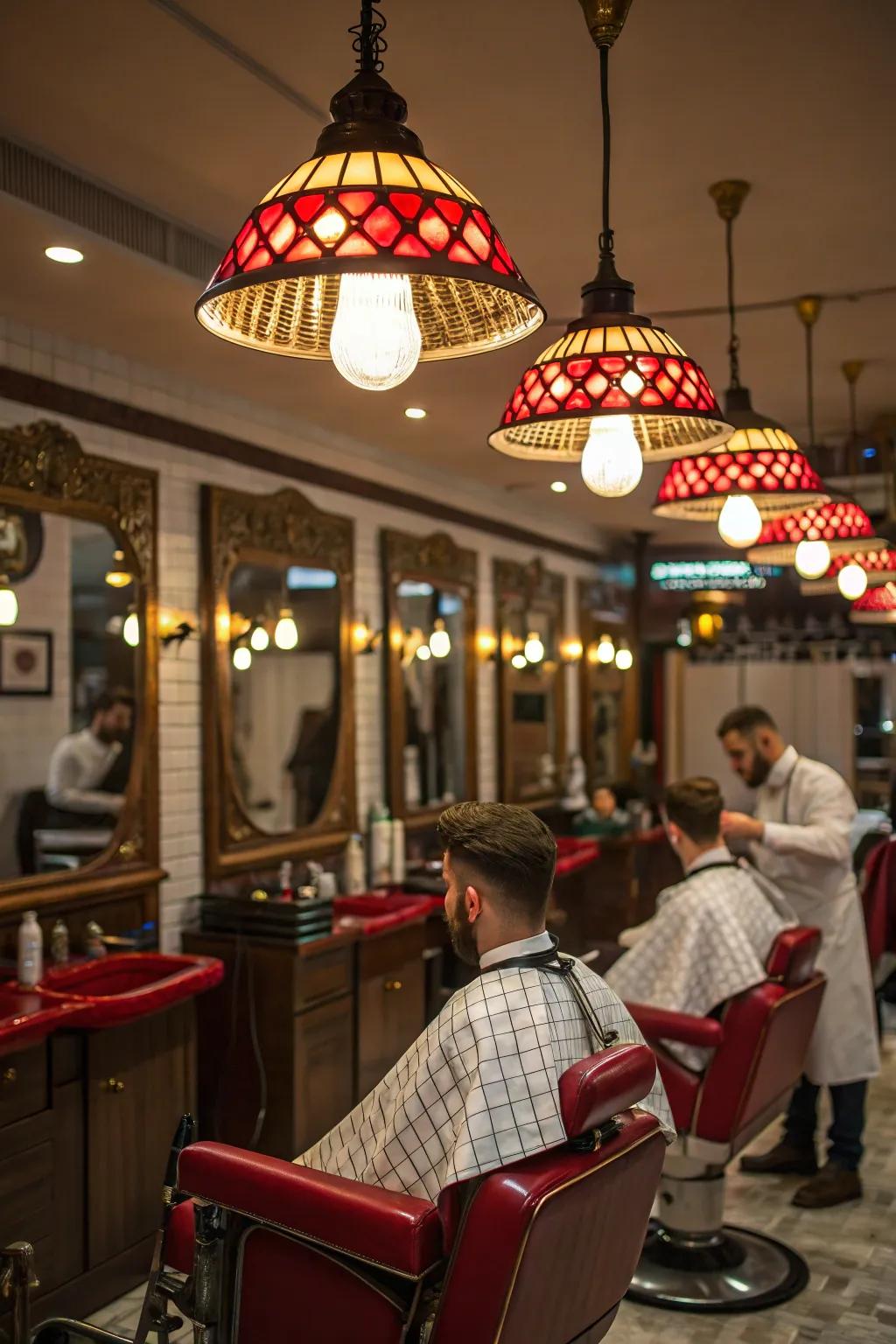 Pendant lights with a unique twist adding intrigue to a barbershop.