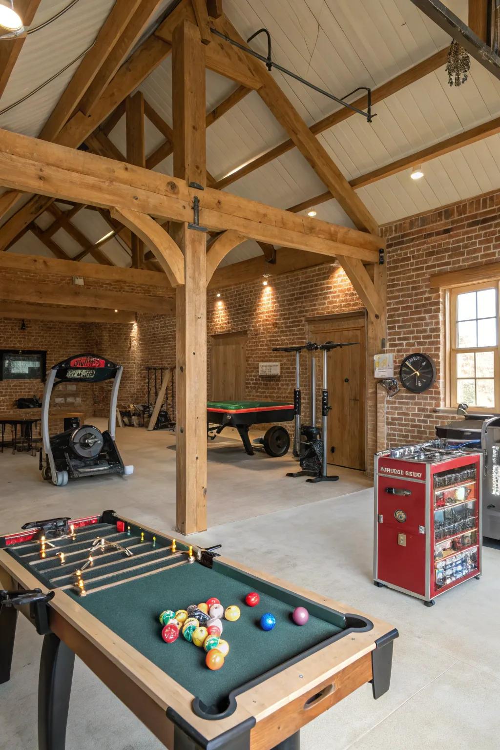 A recreation area adds fun and fitness opportunities to this barn garage.