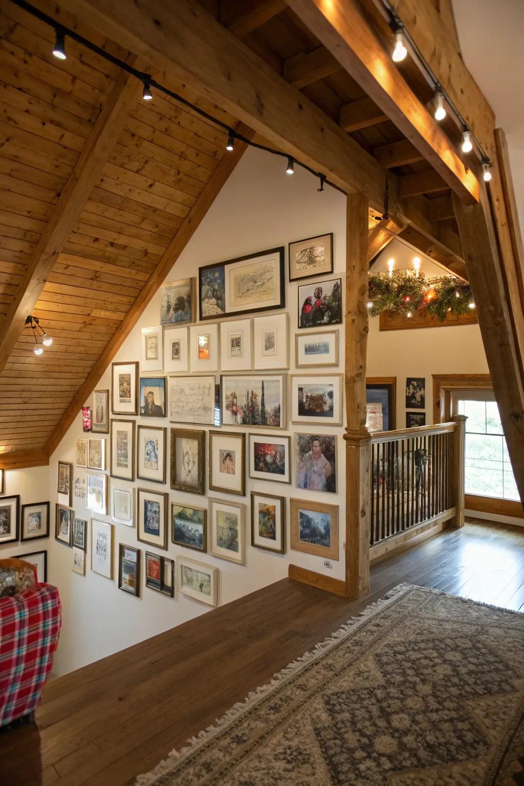 A barn loft adorned with a gallery wall, adding character and storytelling.