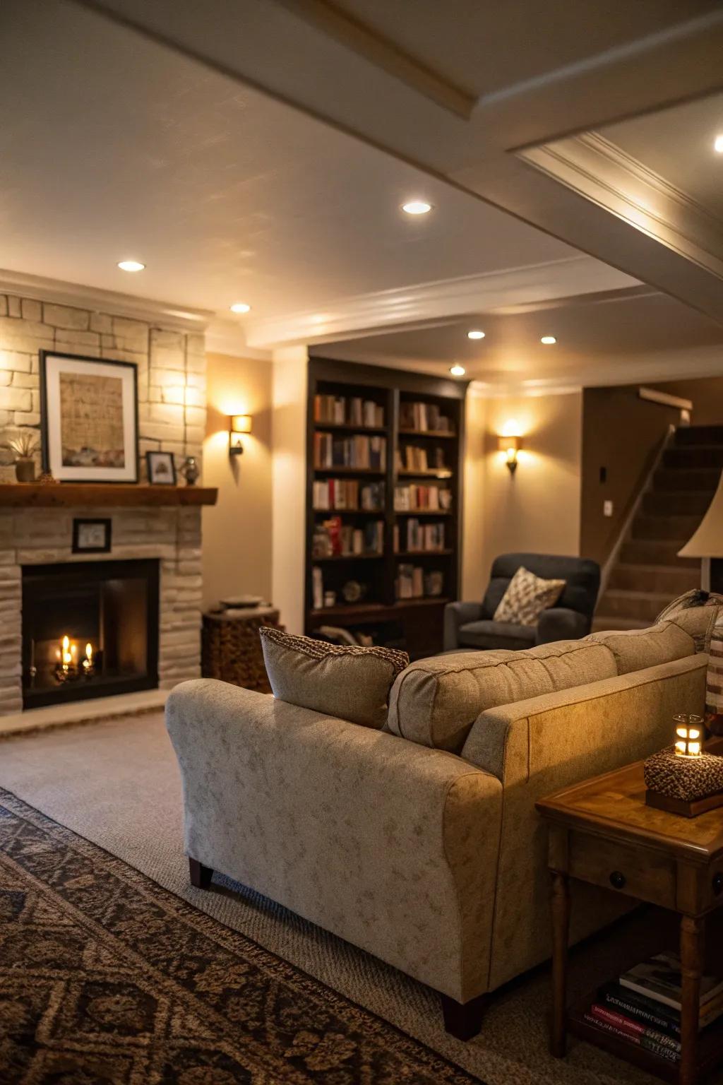 Layered lighting transforms this basement into a warm and inviting retreat.