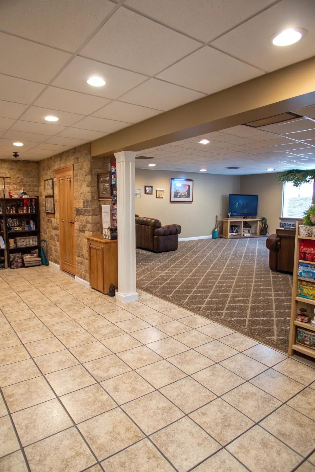 Tile and carpet combinations offer practical zoning in basements.