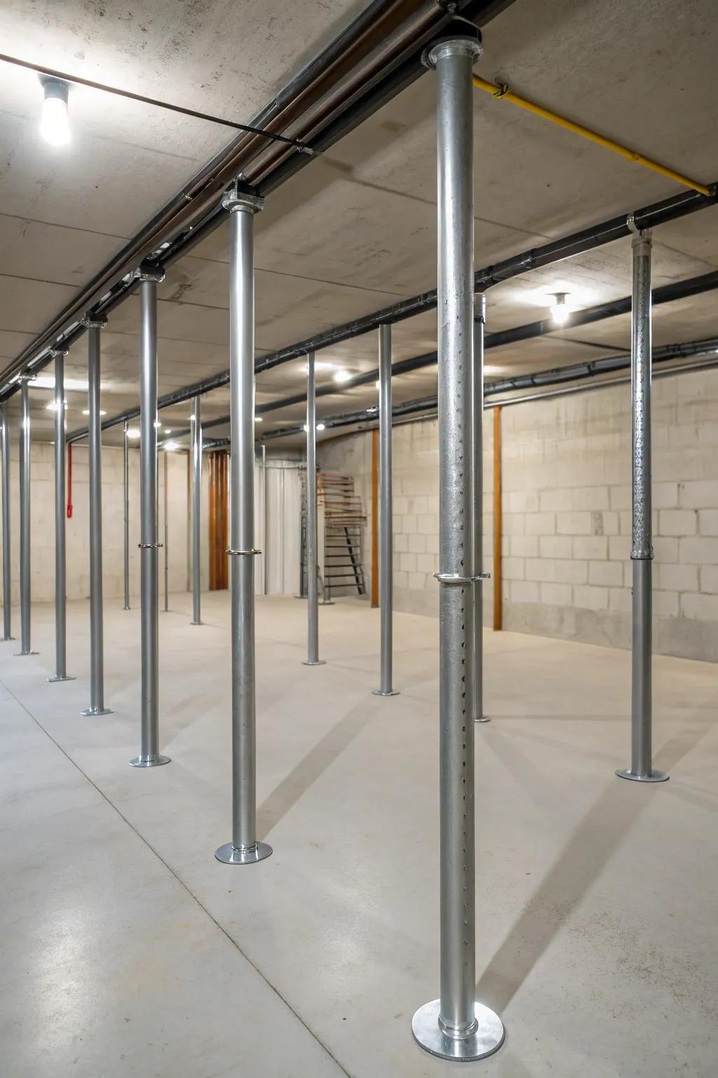 Metal accents provide a modern, industrial touch to basement poles.