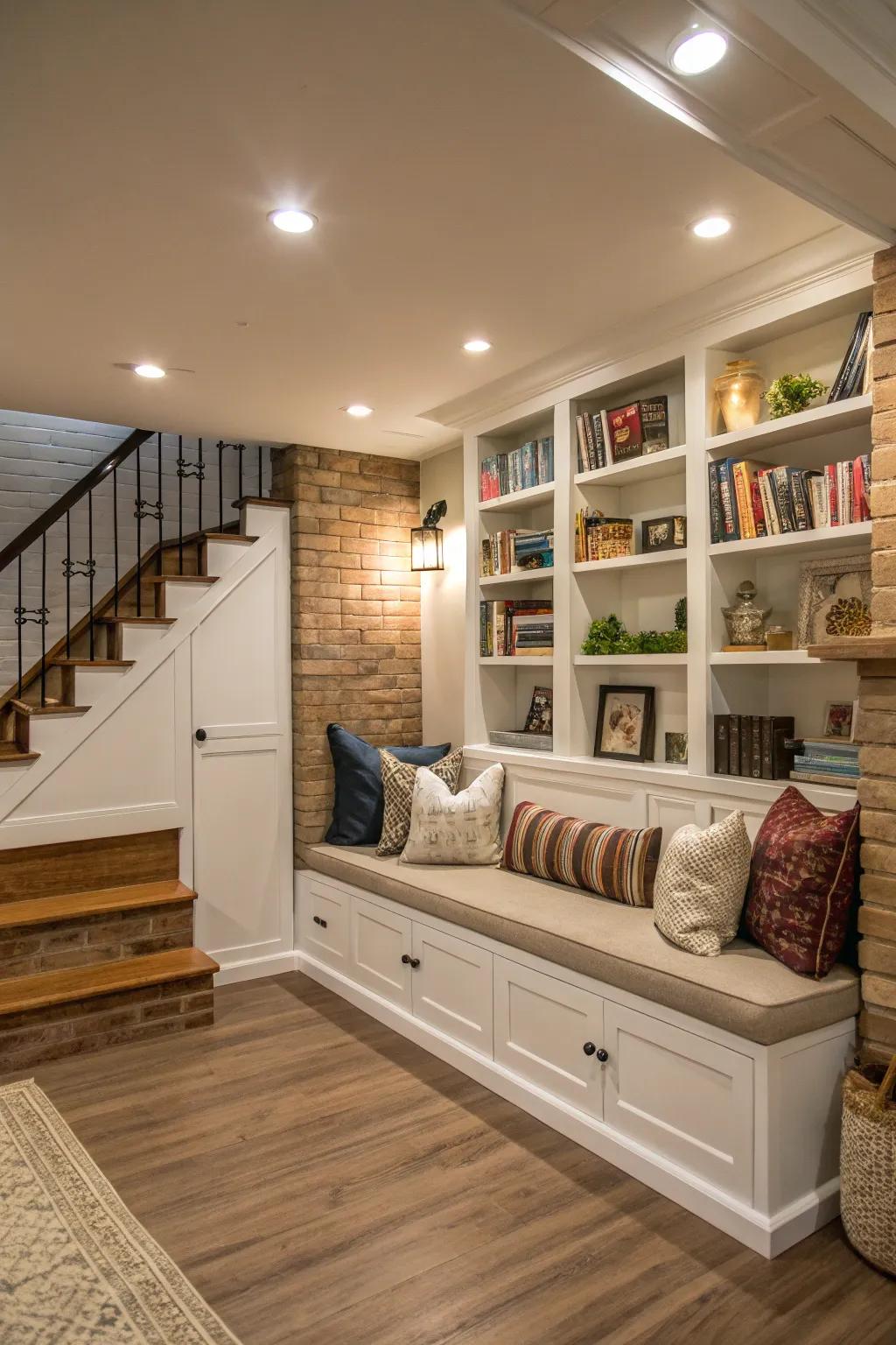 Multi-functional shelving with seating creates a versatile and practical space.
