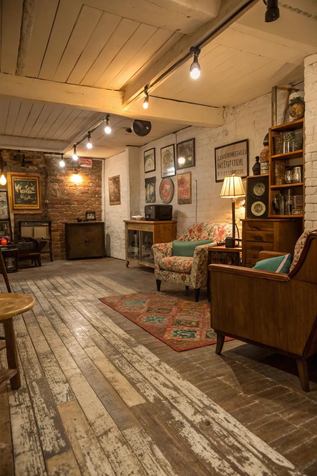 Weathered vinyl flooring adds a vintage charm.