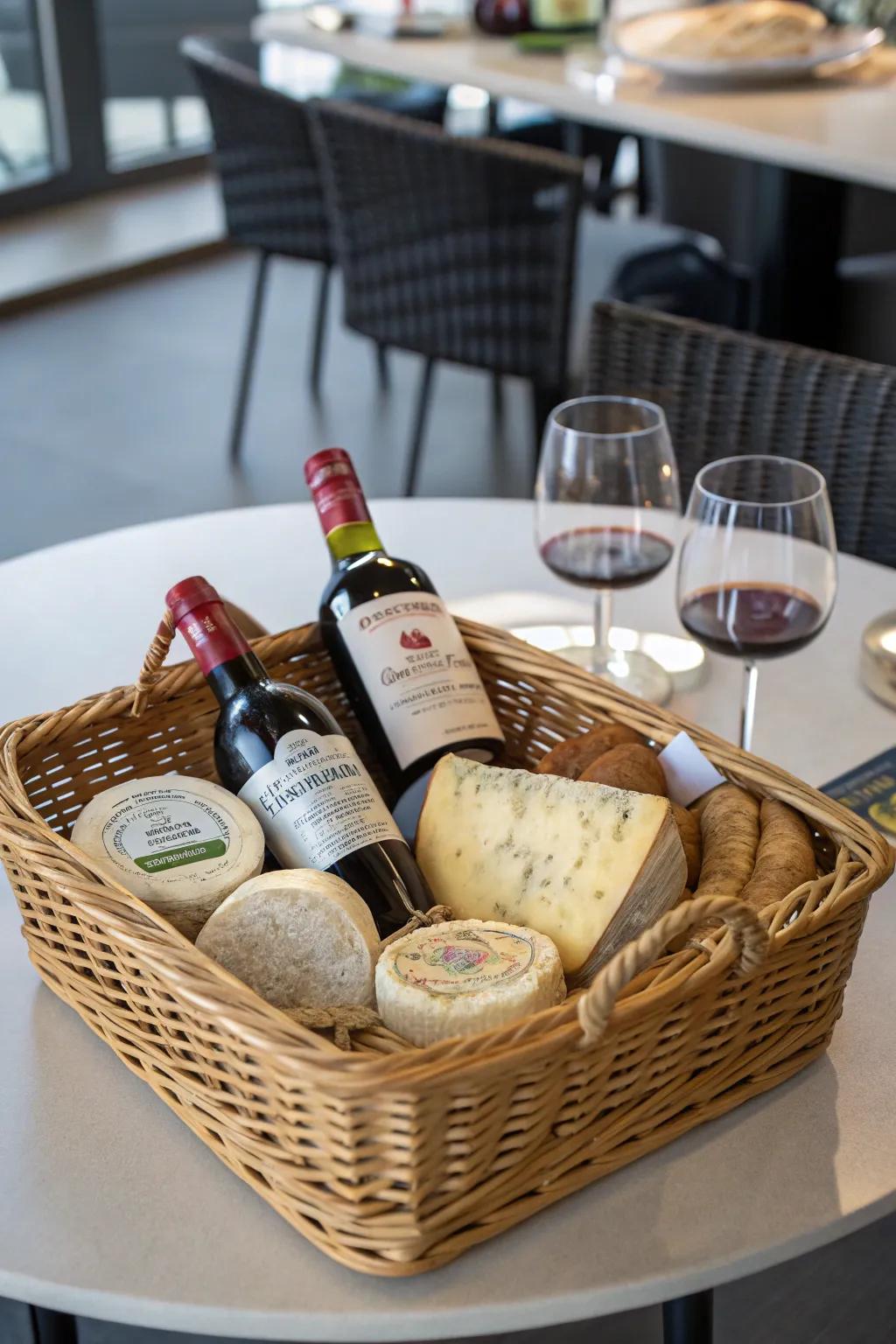 Artisan cheeses enhance the gourmet experience of the basket.