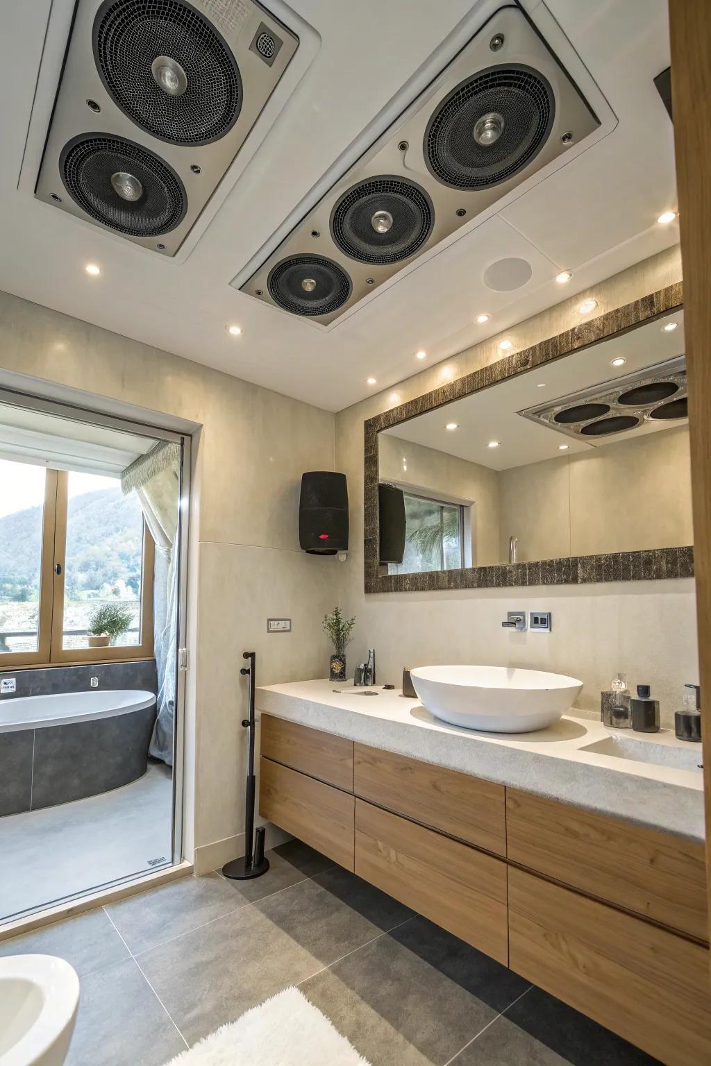 Ceiling-mounted speakers bring music to your bathroom, making every shower a concert.