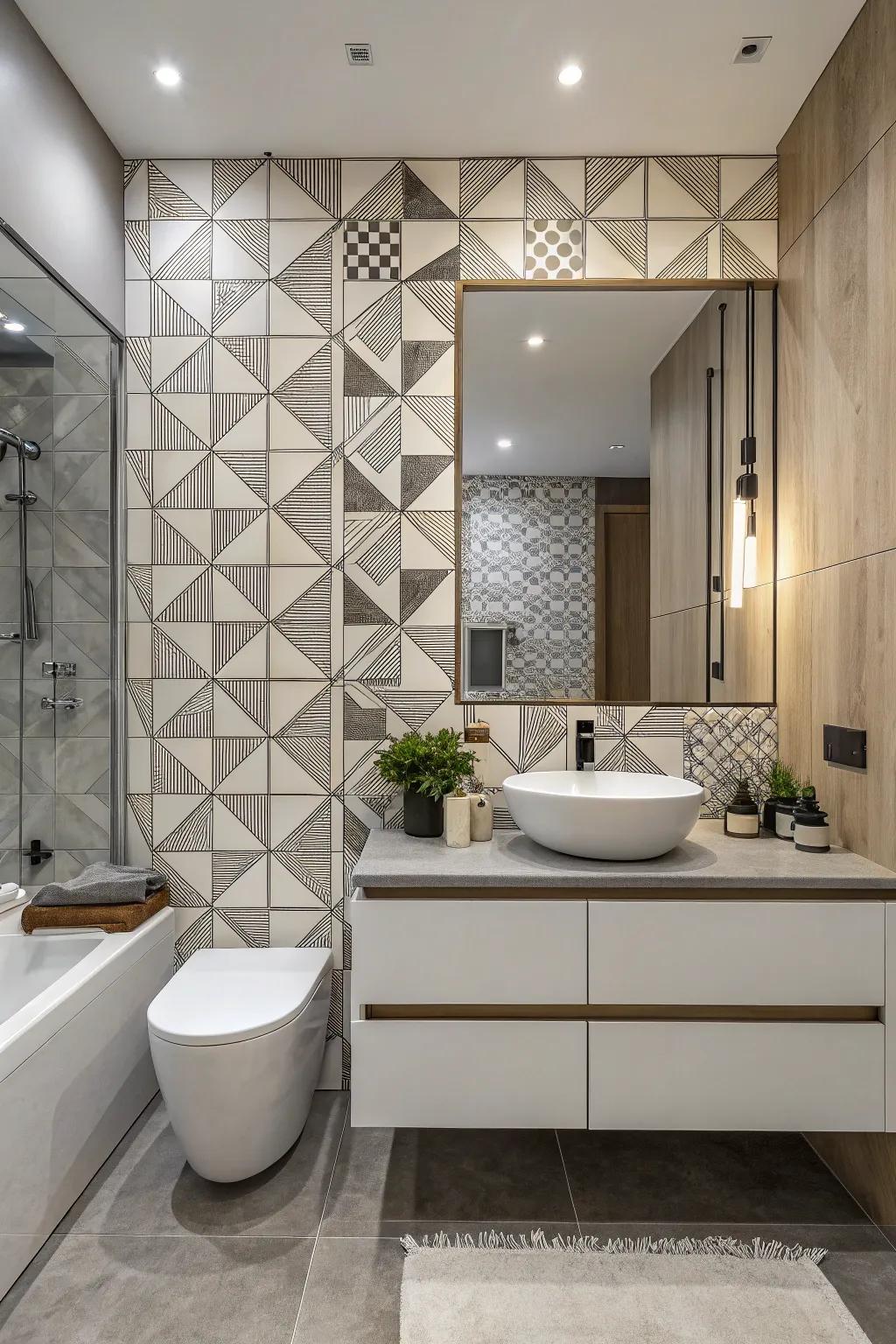 A dynamic bathroom with geometric pattern accents.