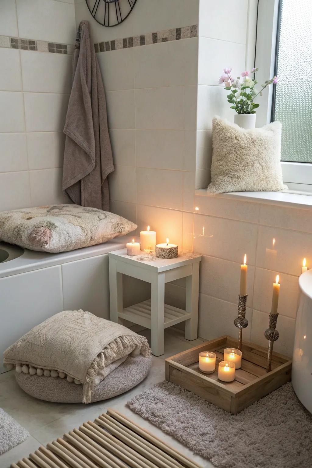 A serene Zen corner in the bathroom for relaxation.