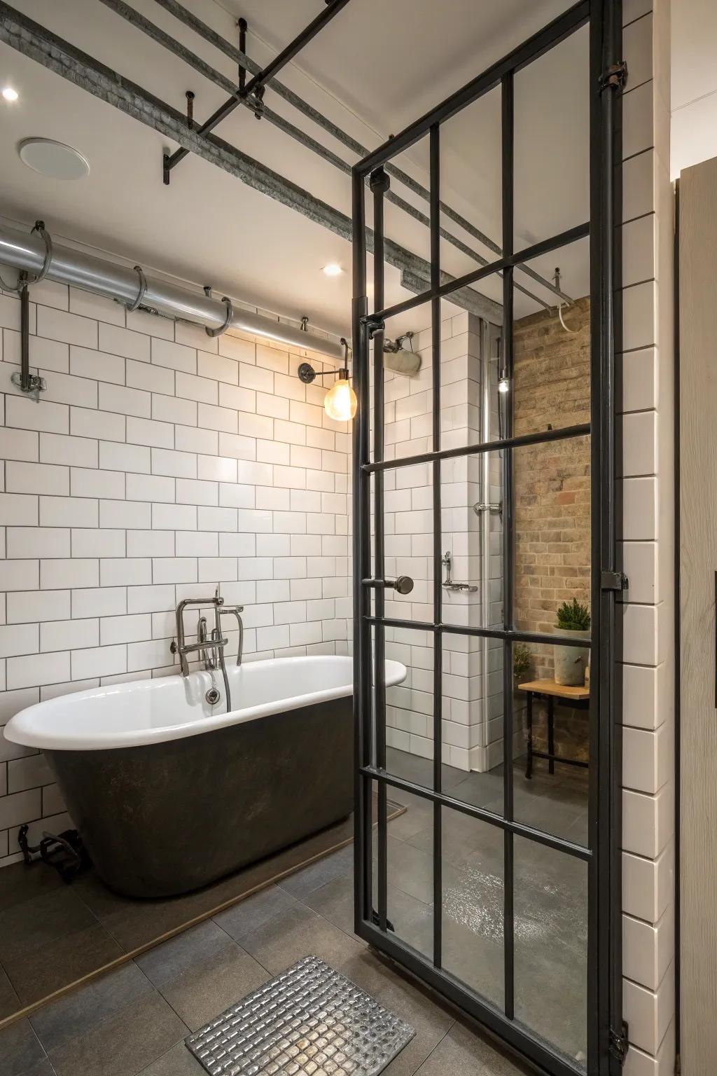 Metal frames add an industrial edge to modern bathroom designs.