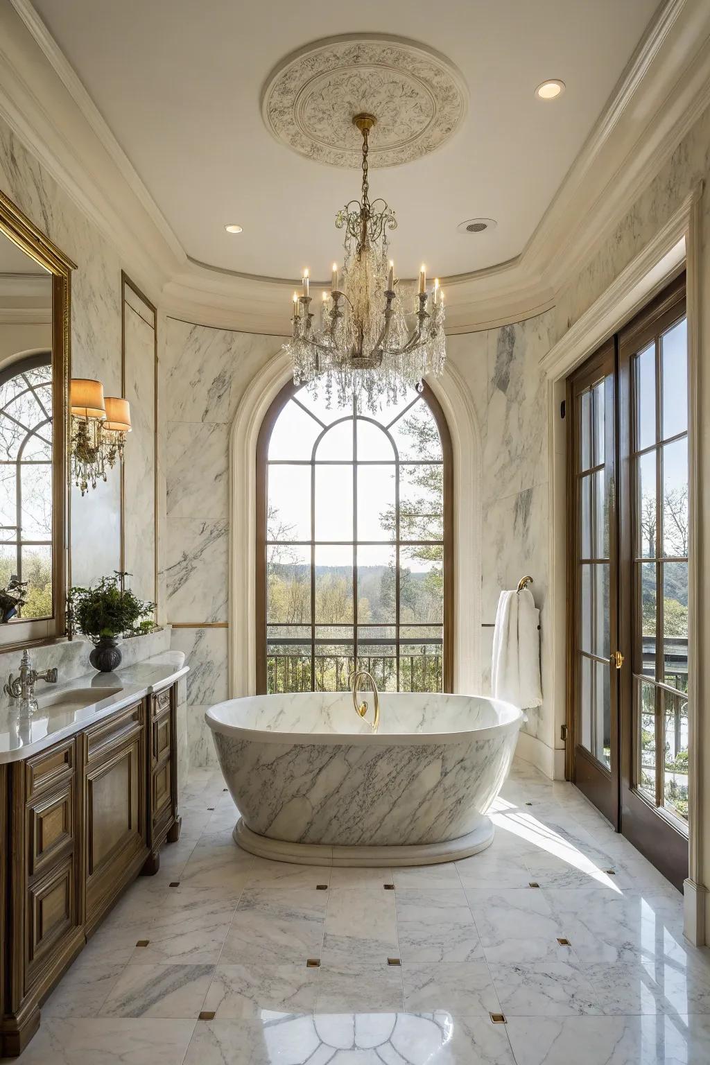 A marble surround adds timeless elegance to this bathtub.