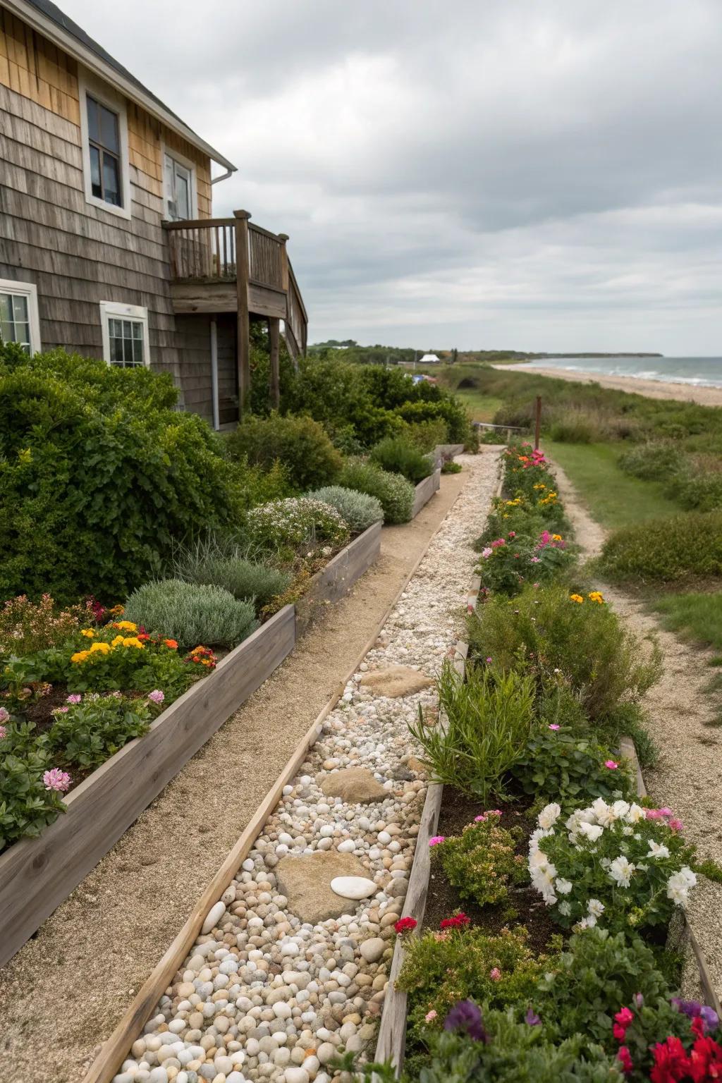 Sea shell borders adding a coastal touch to the garden.