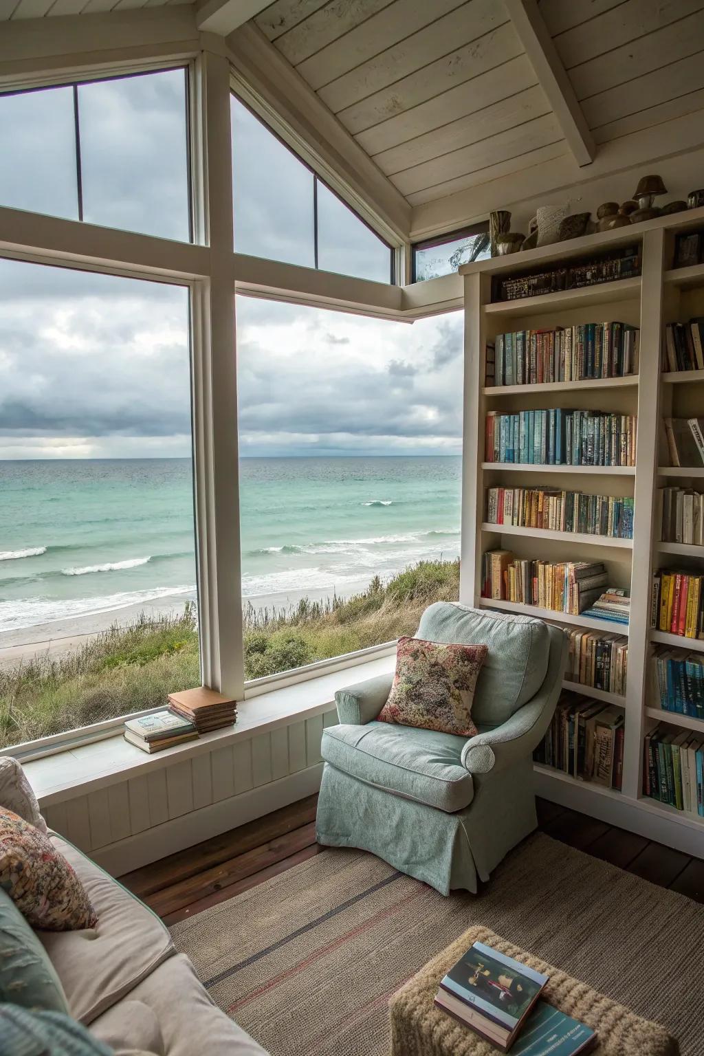 A serene reading nook that offers a perfect escape with stunning views.