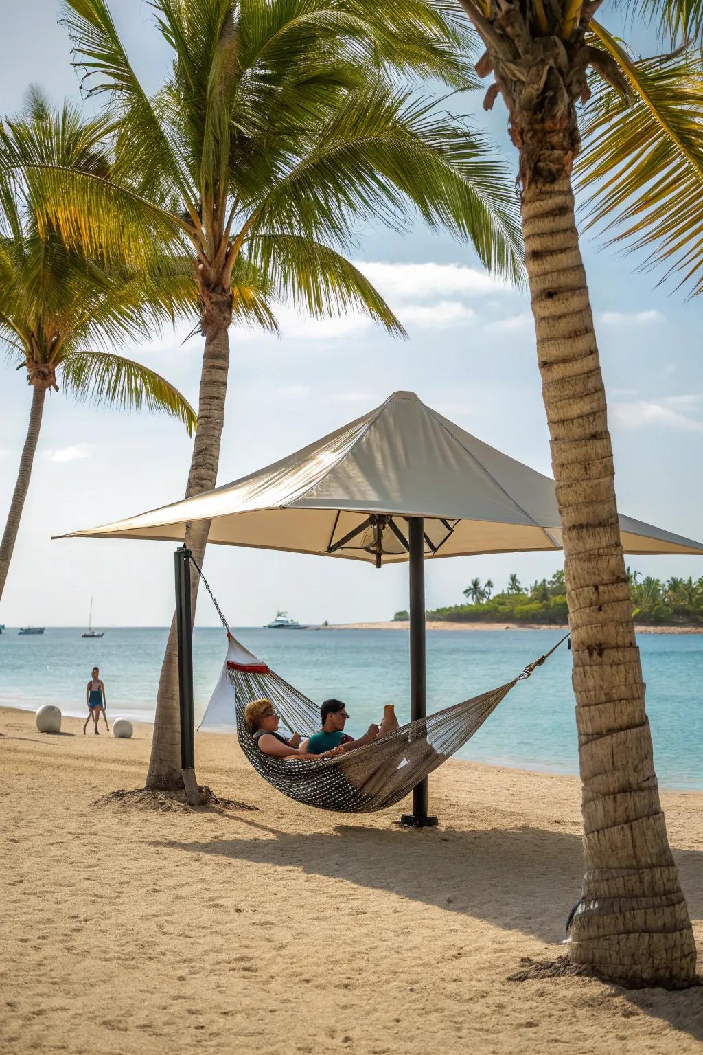 Relax in a hammock with built-in shade for the ultimate beach nap.