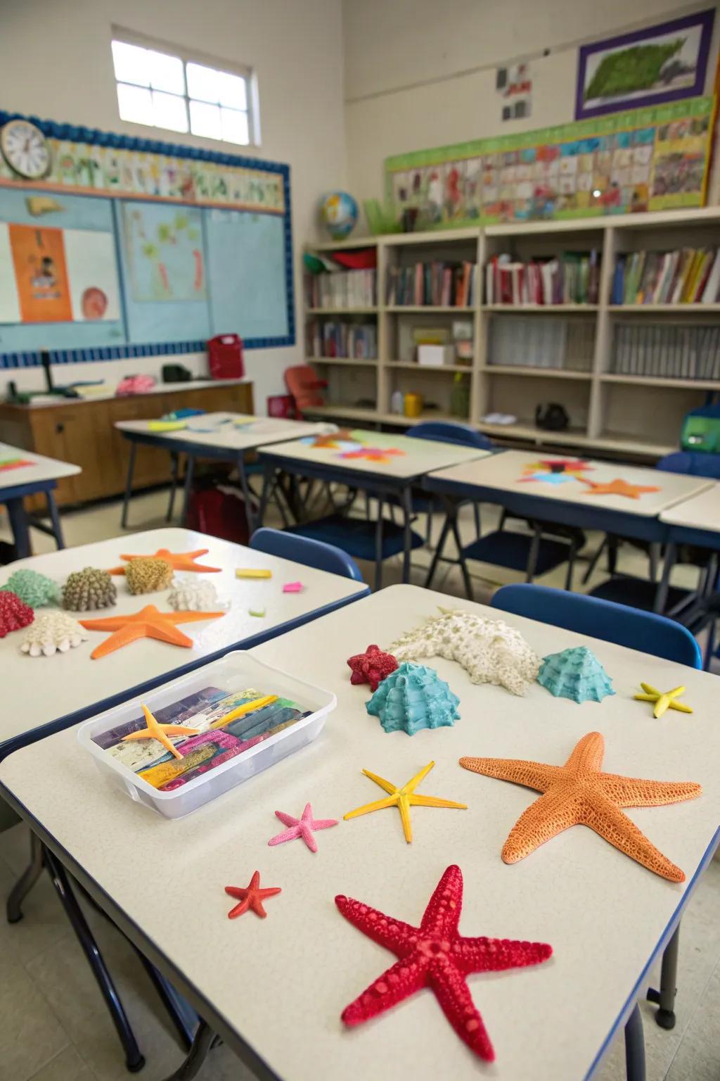 Starfish and coral decor bring natural beach elements into the classroom.