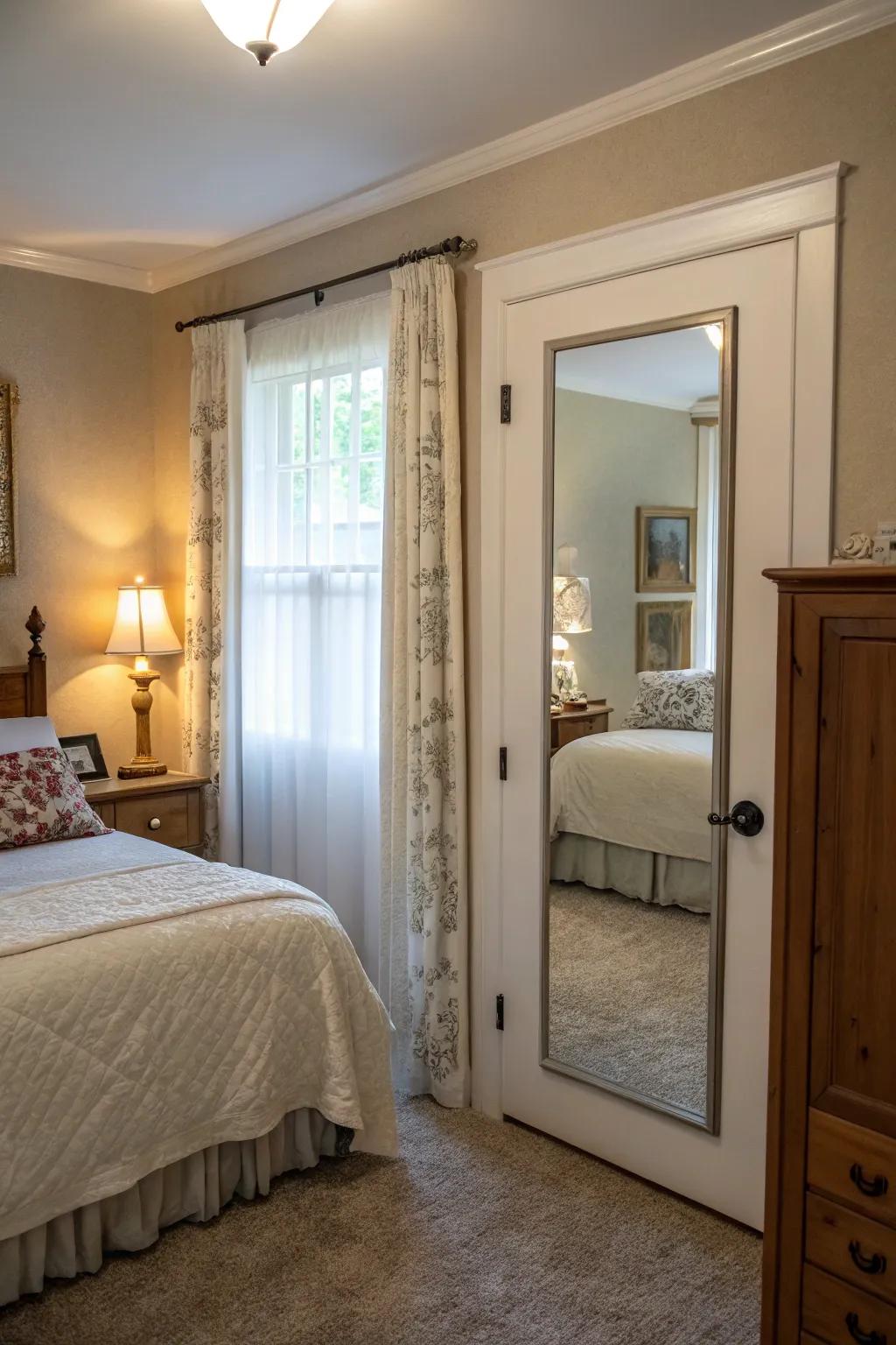 A cleverly placed hidden mirror behind a bedroom door maximizing space.