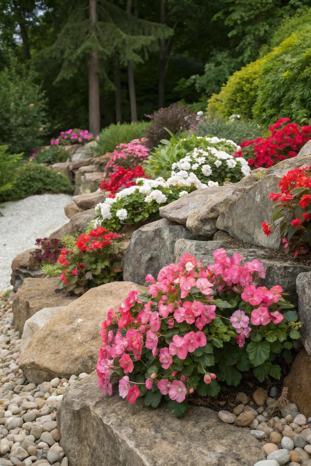 Begonias add vibrant color to rock gardens.