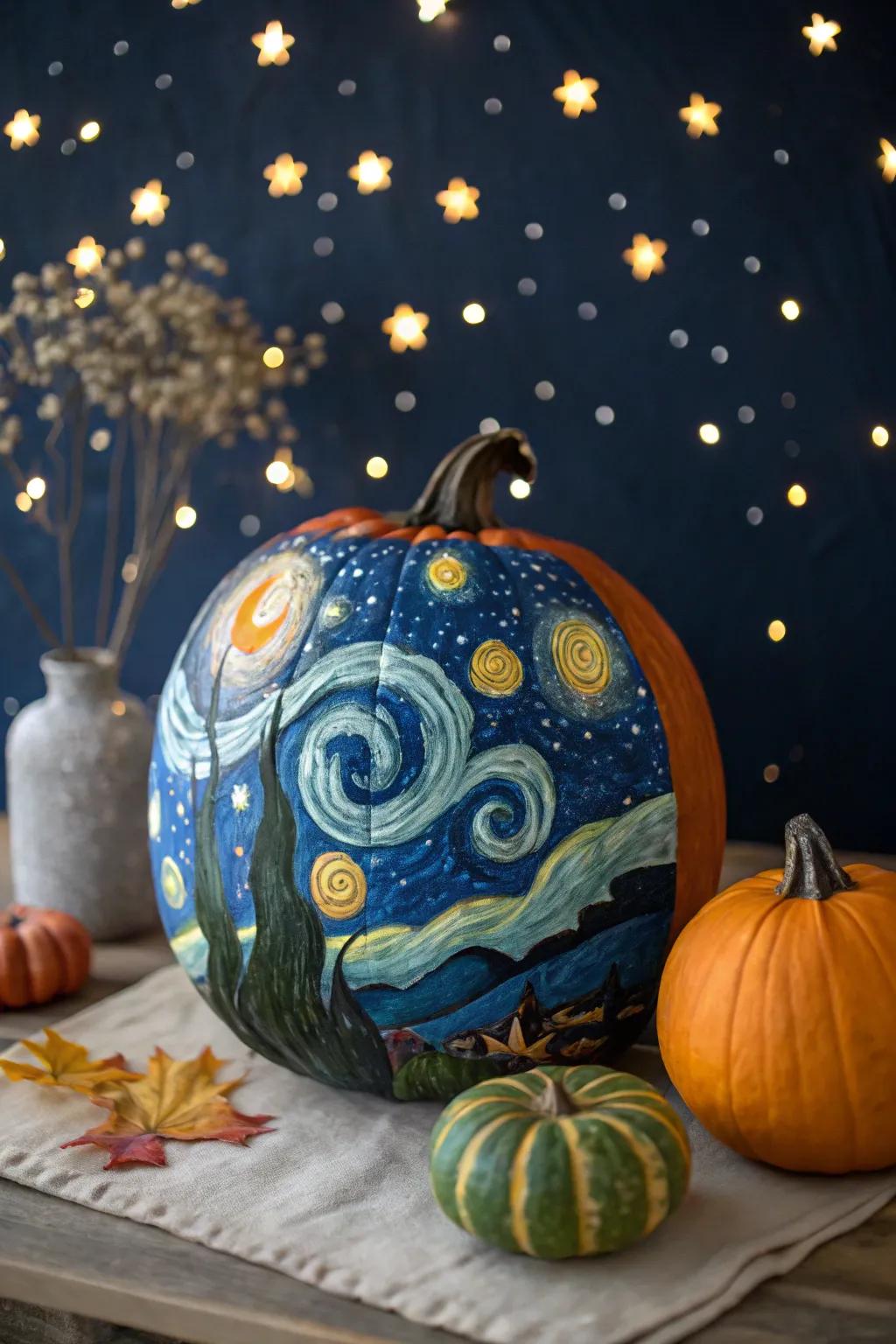 Explore the cosmos with galaxy-themed pumpkins.