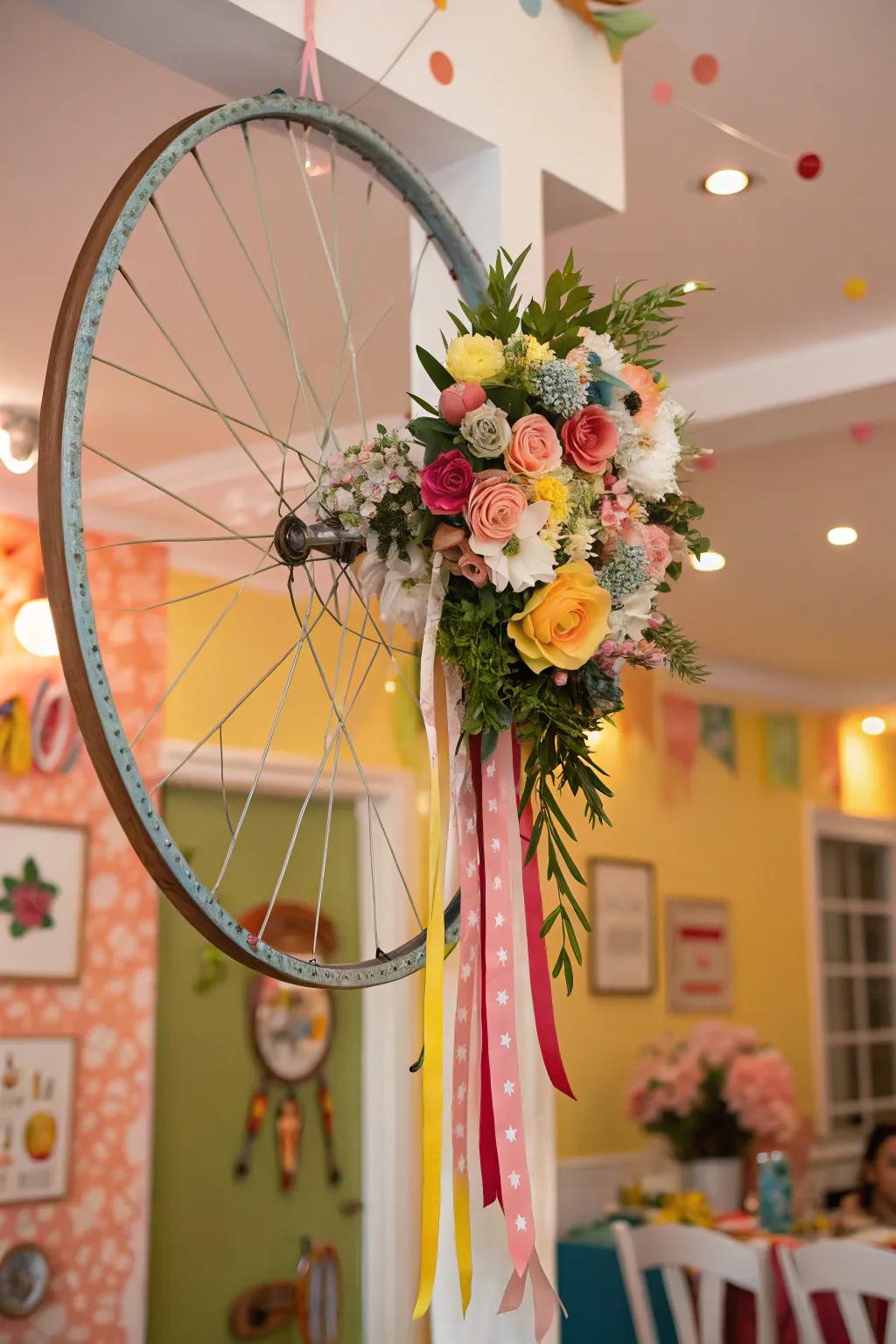 An eclectic bicycle wreath with a mix of styles and textures for a unique look.