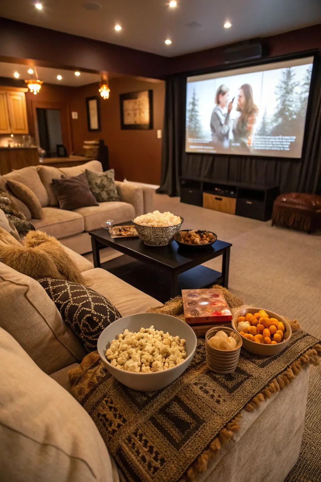 A living room transformed into a cozy home theater experience.