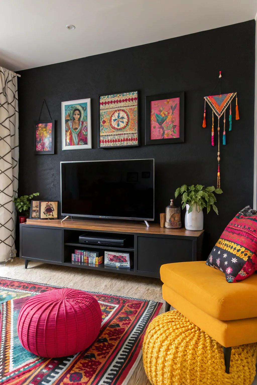 A pop of color adds energy and vibrancy to a black accent wall.